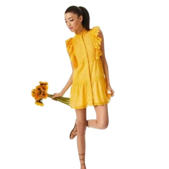 Alice + Olivia Pimmy Yellow Broderie Anglaise Shift Dress Size 4 Short Sleeve - Picture 3 of 7